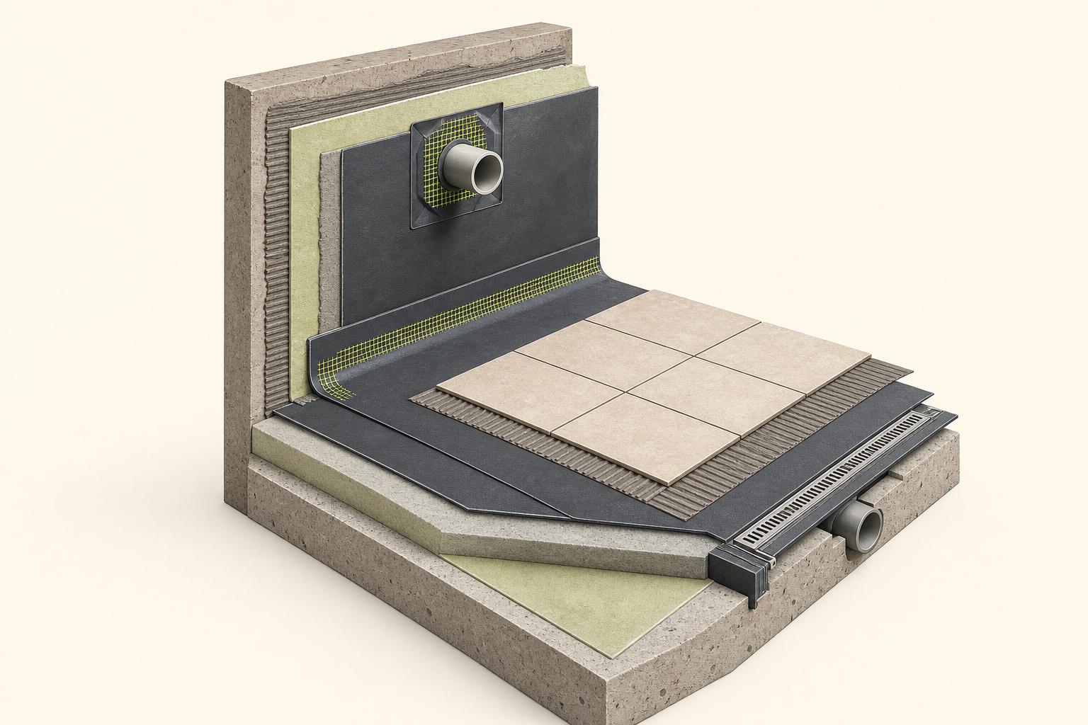 Principle diagram of wet-room waterproofing at a floor, wall, pipe and drain